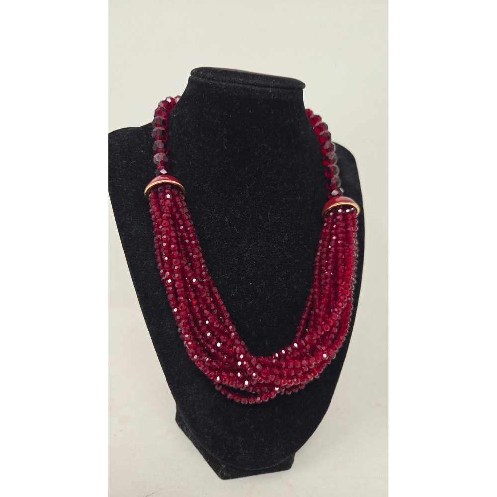 Talbots Ruby Red Multi-Strand Faceted Beaded Toggle Necklace Gold Tone
